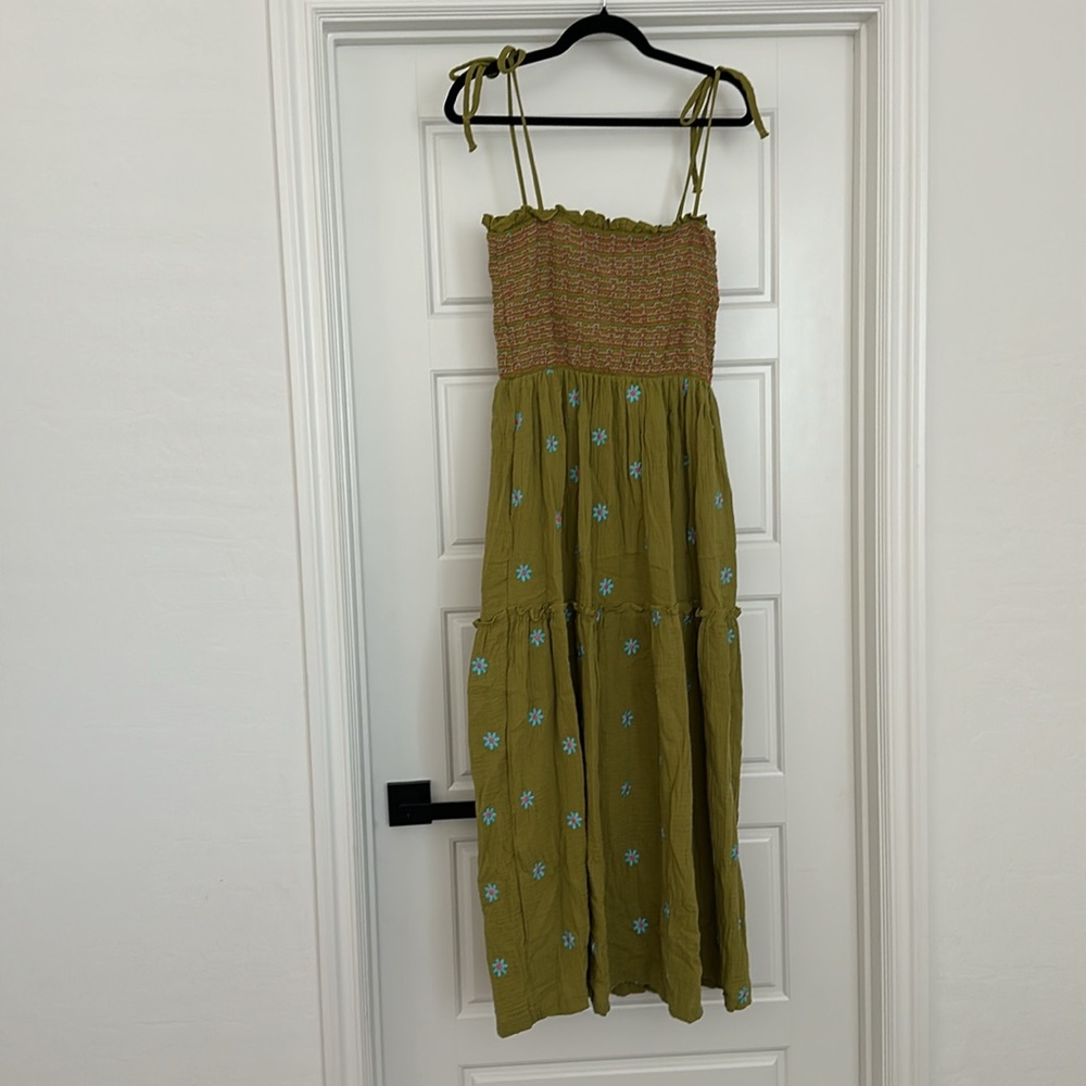 Smocked Tiered Midi Dress in Olive Green - Picture 8 of 10